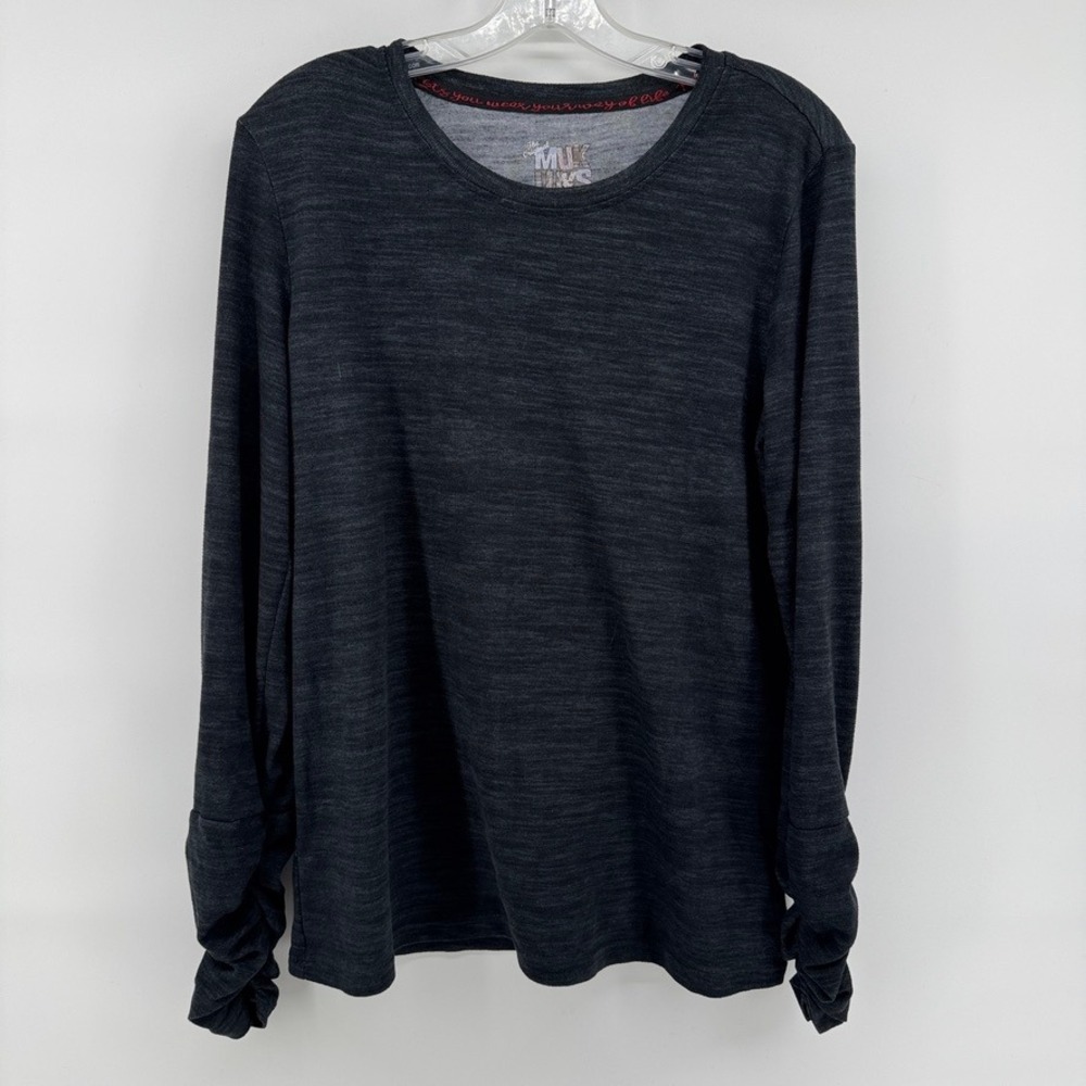 Muk Luks Mens Medium Tall Charcoal Heather Ruched Cuff Long Sleeve Crewneck Top